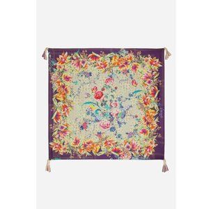 Johnny Was Topiary Silk Scarf Floral Square Large Flowers Pink Purple Tassels NW